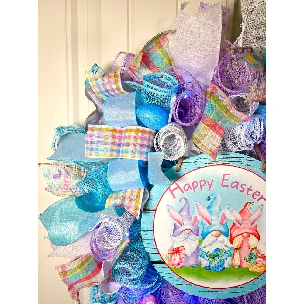 Handmade Easter Bunny Gnome Prelit Ribbon Wreath 22 in LED W9